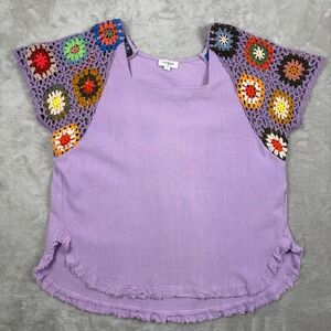 Umgee Blouse Top L Purple Linen Blend Crochet Sleeve Boho Cottagecore Artsy